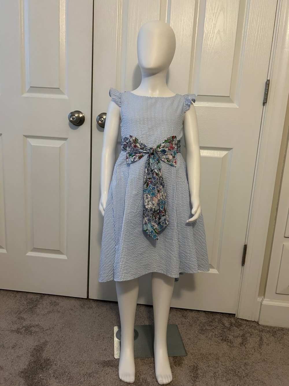 Rare Editions Blue Seersucker Girls' Dress with Floral Bow Size 6X